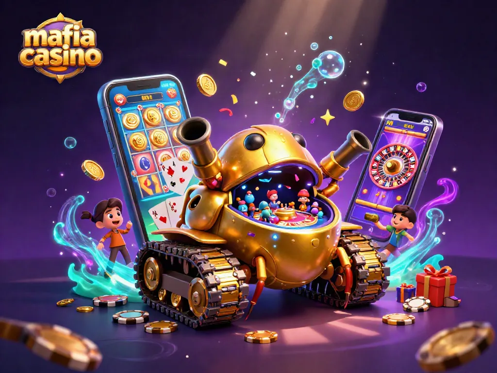 Engaging scene of mafia casino with mobile gaming elements and vibrant visuals.