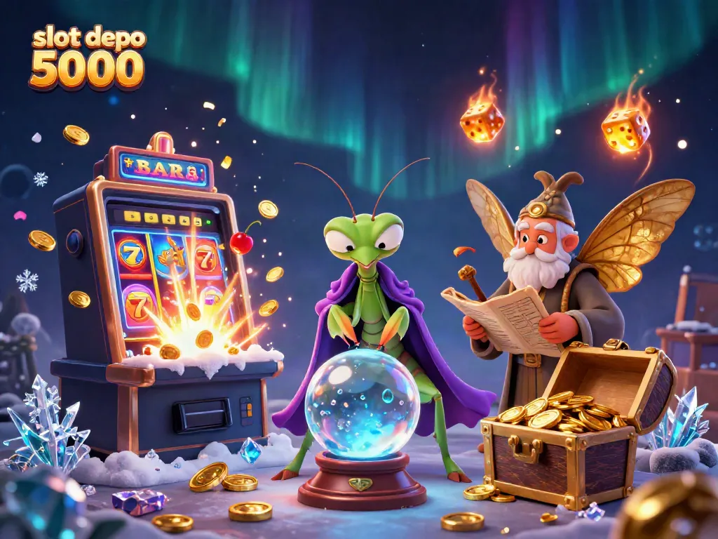 Experience thrilling gameplay with slot depo 5000, featuring vibrant casino characters amidst a jackpot explosion.
