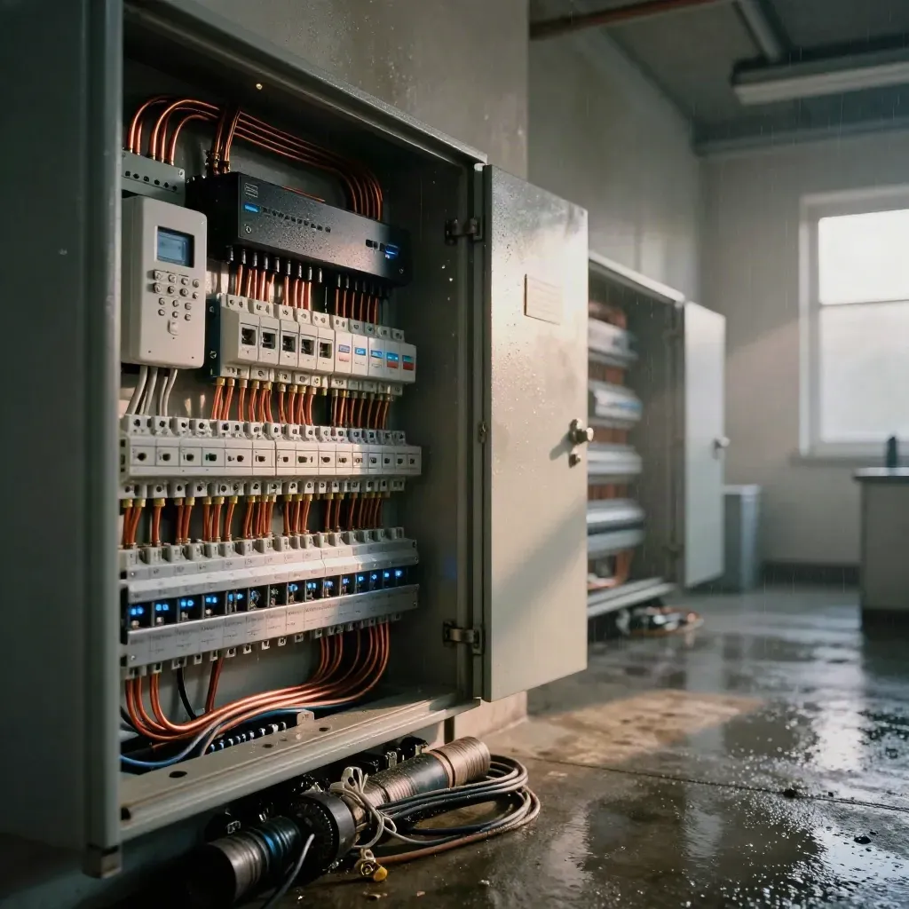 Locale tecnico moderno con quadro aperto, moduli allarme, CCTV e videocitofono su pavimento bagnato.
