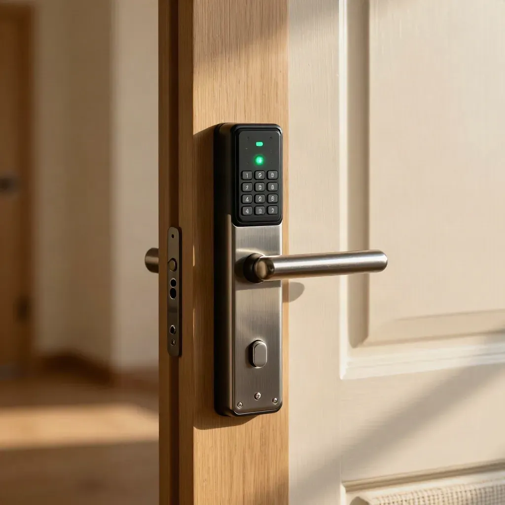 Lettore badge nero, tastierino PIN e serratura elettrica su porta interna, luce verde attiva.