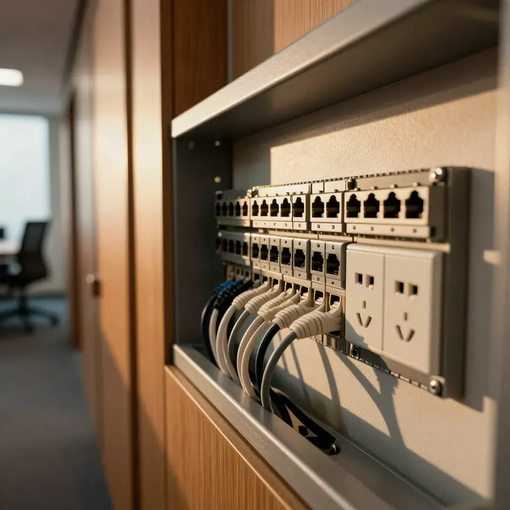 Dettaglio macro di un patch panel ordinato in ufficio con cavi e prese pronte.