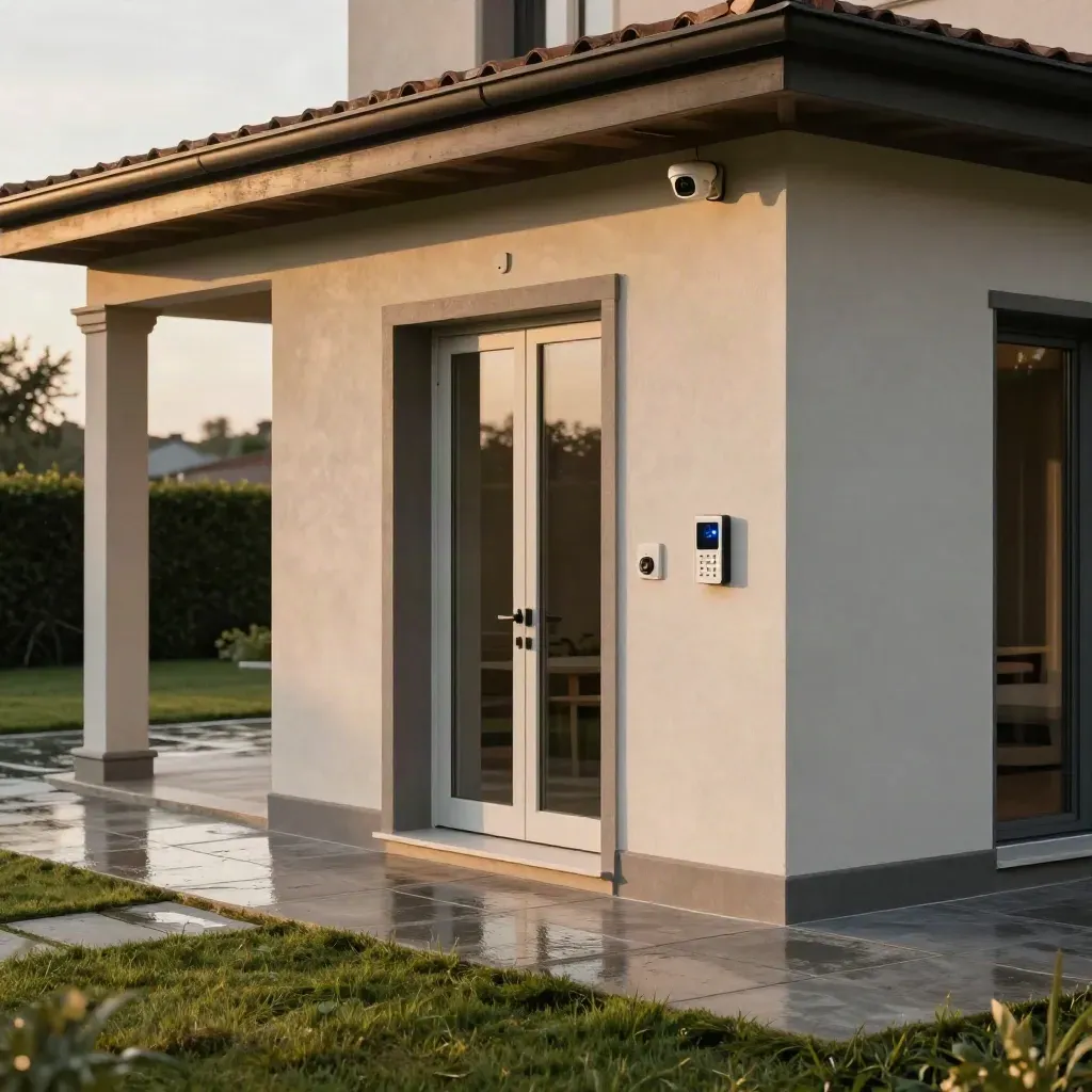 Villetta moderna con videocamera, sensore portafinestra e giardino protetto dopo la pioggia.