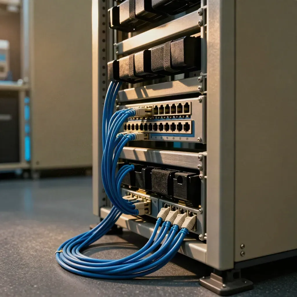Patch panel con cavi Cat.6 e prese RJ45 in una sala dati illuminata in modo drammatico.