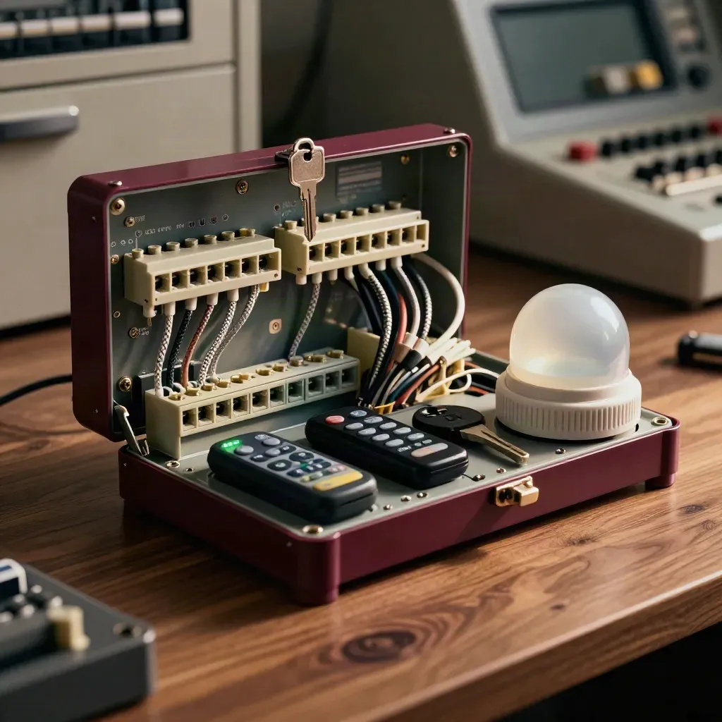 Modulo antifurto aperto con sensore PIR, telecomando e chiave di programmazione su banco tecnico.