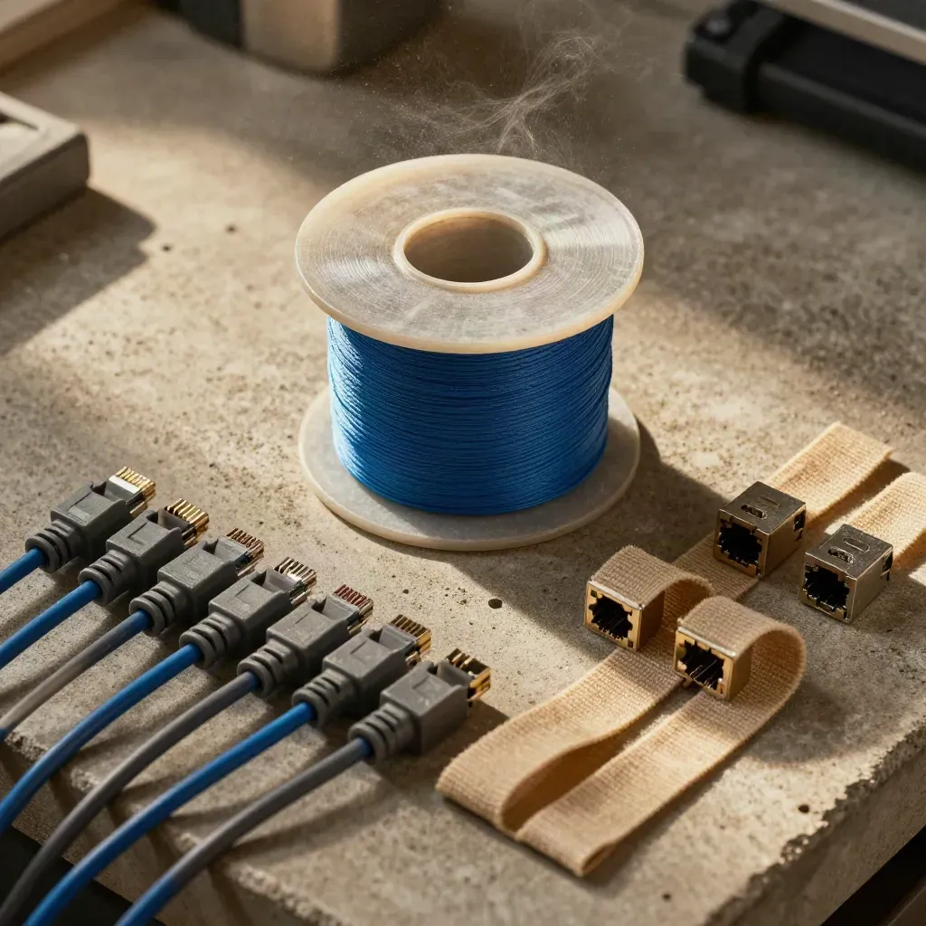 Bobina Cat.6, patch cord e prese RJ45 su banco ruvido con luce tecnica blu