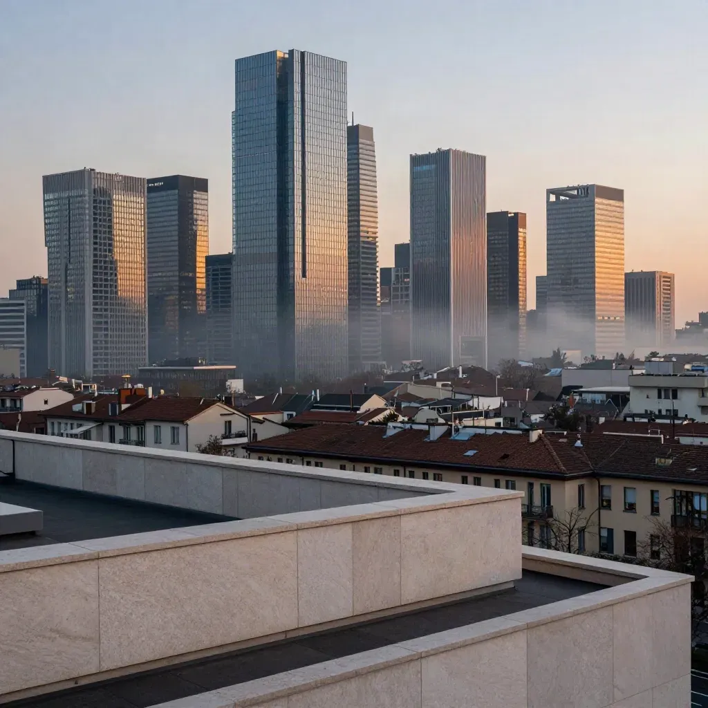 Skyline di Milano nella foschia dorata con facciate moderne e cielo blu caldo