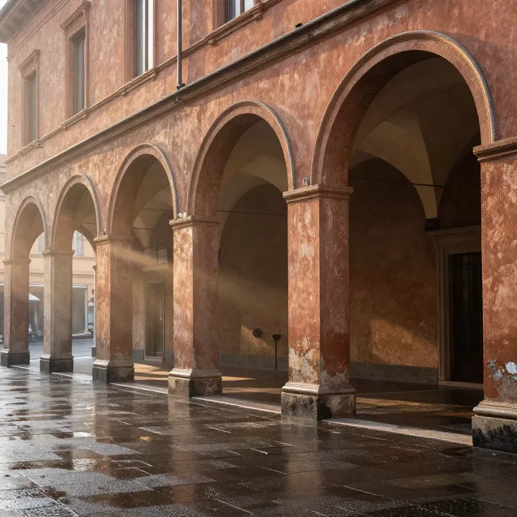 I portici di Bologna in terracotta dopo la pioggia, luce velata e pavimento riflettente.