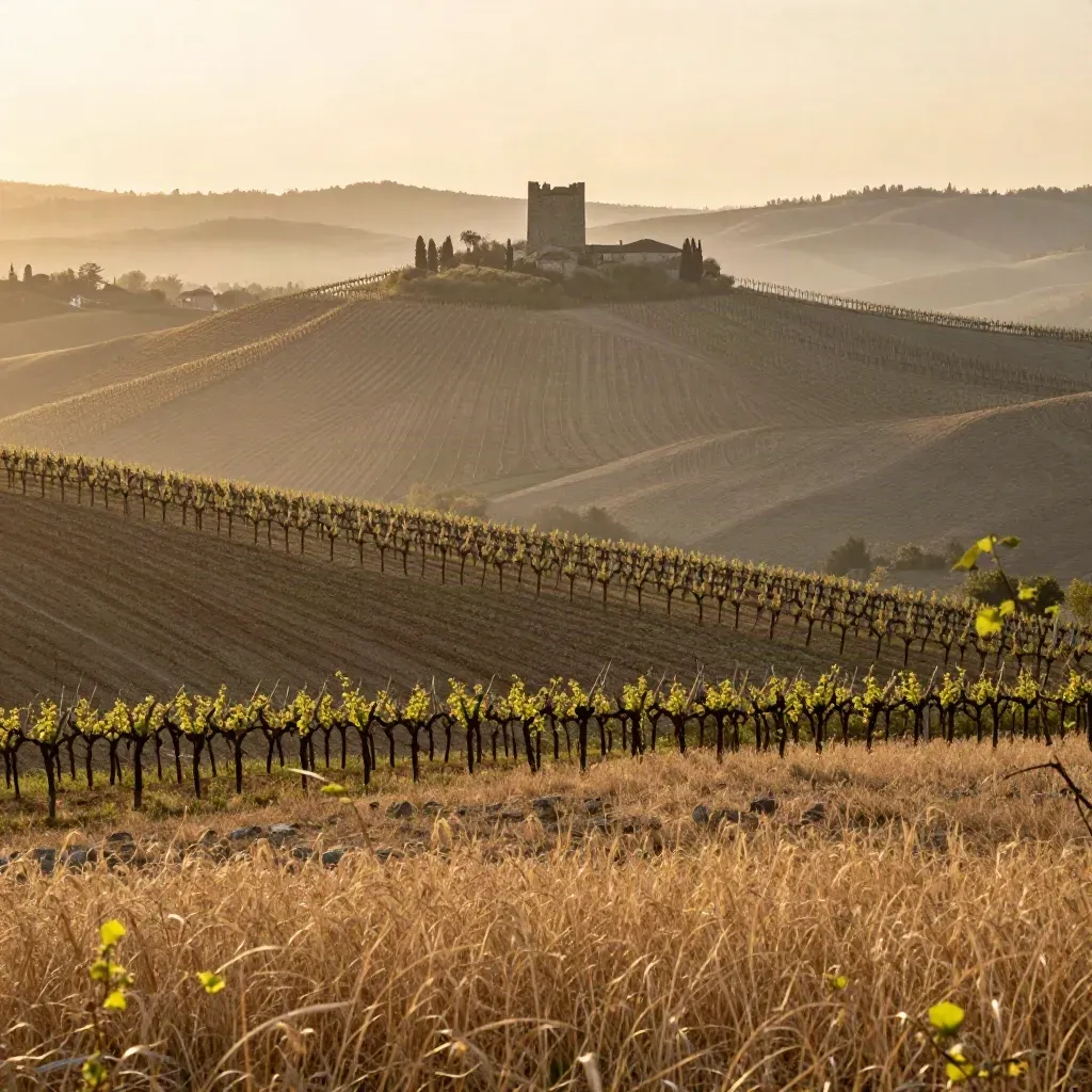 Langhe con filari e castello sulla collina avvolti nella nebbia dorata.